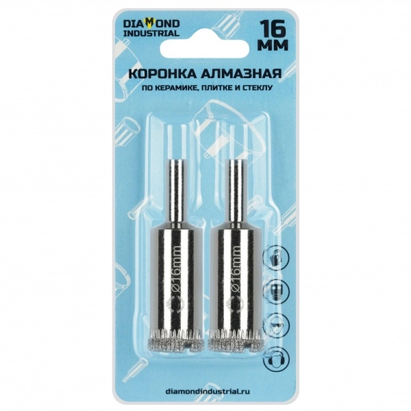 Алмазная коронка по керамике, плитке и стеклу 16 мм Diamond Industrial (2 шт.)